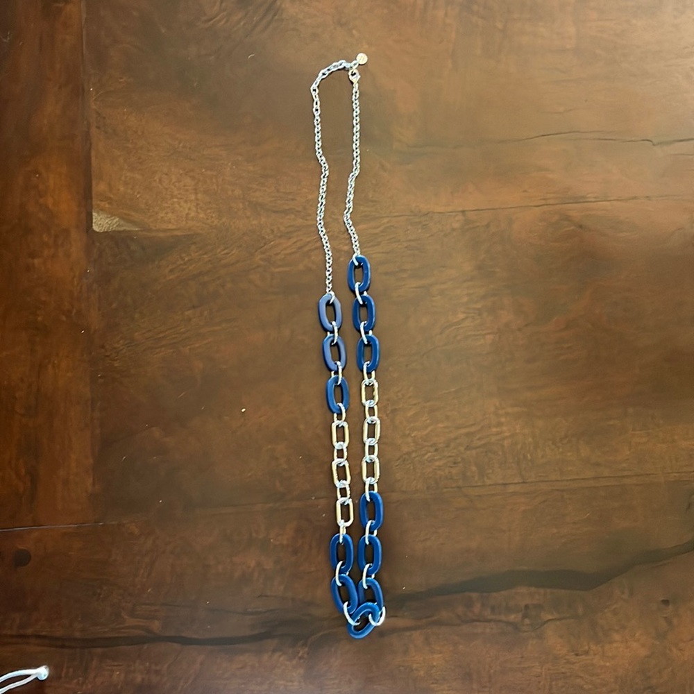 Silver Tone and Blue Acrylic Chain Necklace